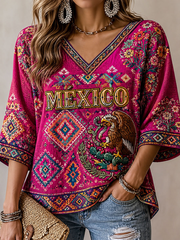 Women's Mexico Proud Art Printed Mid-length Sleeves V-Neck T-Shirt gracestitchs