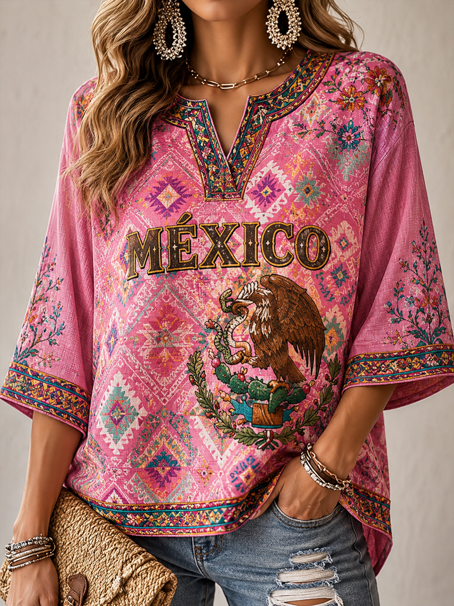Women's Mexico Proud Art Printed Mid-length Sleeves V-Neck T-Shirt gracestitchs