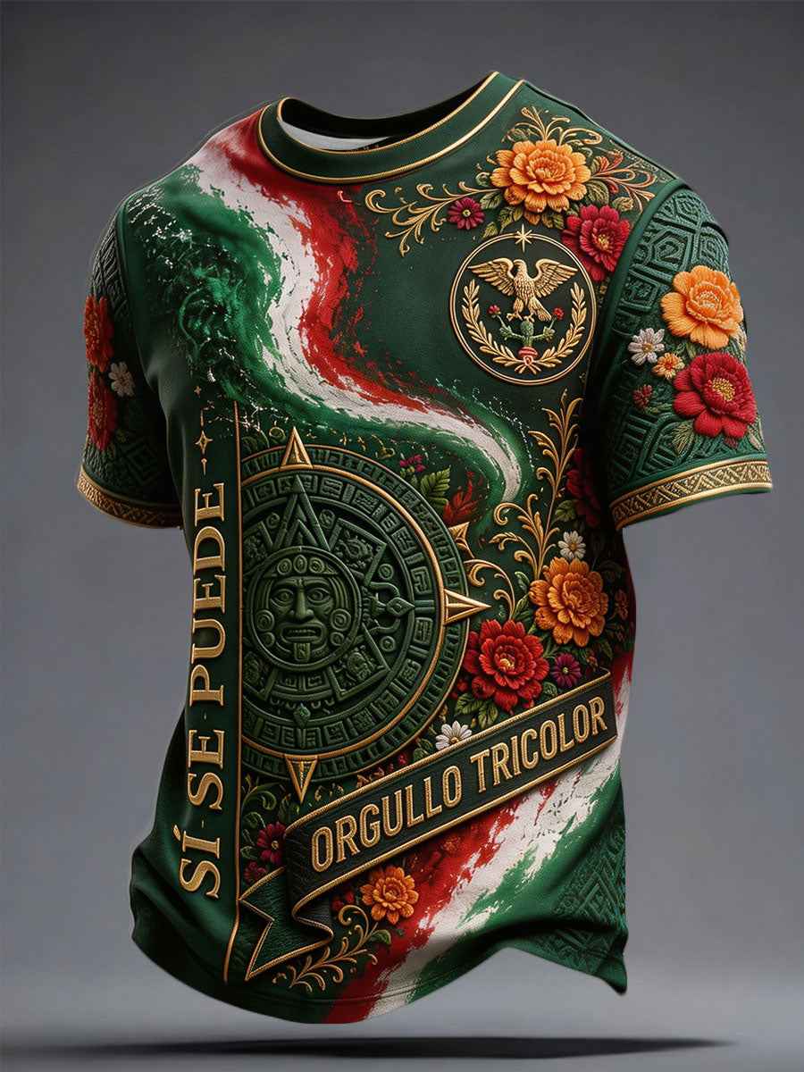 Men's Mexico Football Lover Floral Art Printed T-shirt