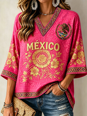 Women's Mexico Proud Art Printed Mid-length Sleeves V-Neck T-Shirt gracestitchs