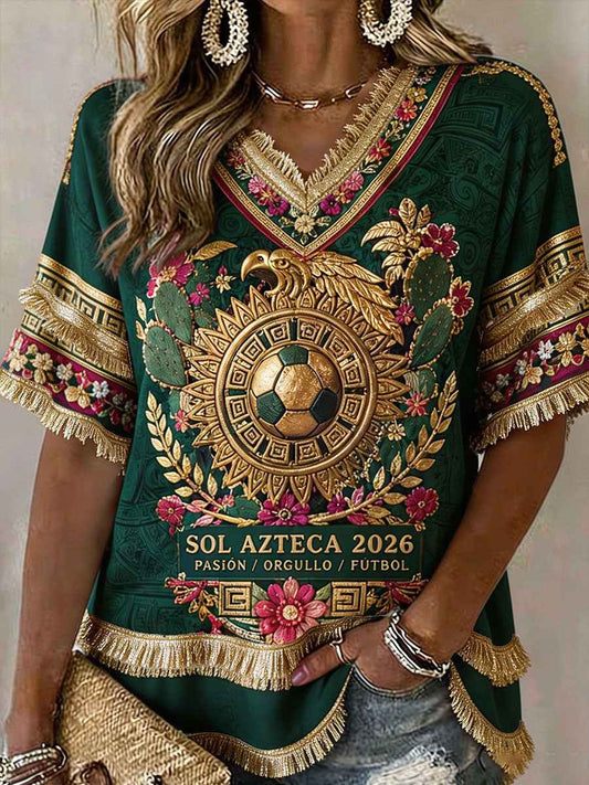 Women's Mexico Football Lover Art Printed Linen Tops