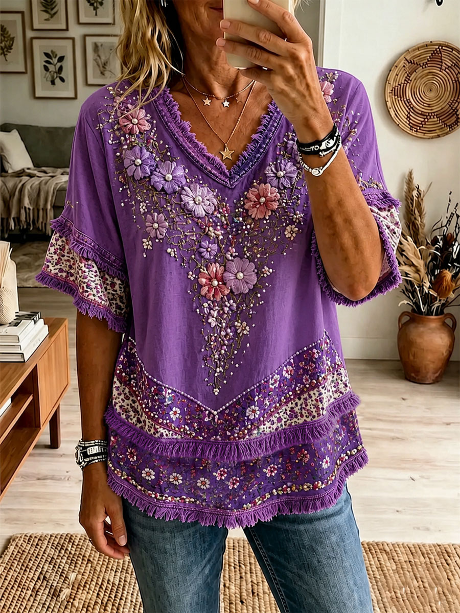 Women's floral print Cotton-Linen Shirt gracestitchs