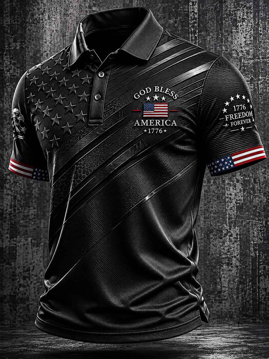 Men's Independence Day God Bless America Print Casual Patriotic Polo