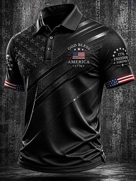 Men's Independence Day God Bless America Print Casual Patriotic Polo