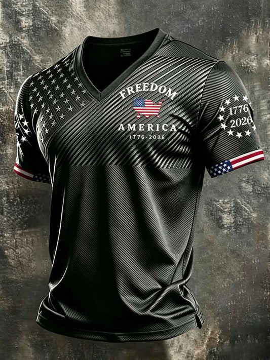 Men's Independence Day USA Flag Print Casual V-Neck Patriotic Tee