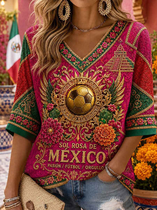 Women's Mexico Football Lover Art Printed Linen T-shirt