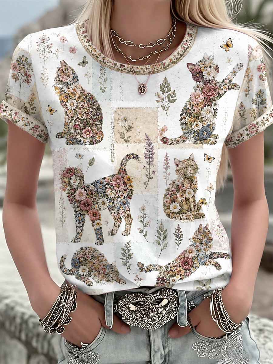 Women's Plants And Flowers Cute Cat Printed T-shirt