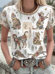 Women's Plants And Flowers Cute Cat Printed T-shirt