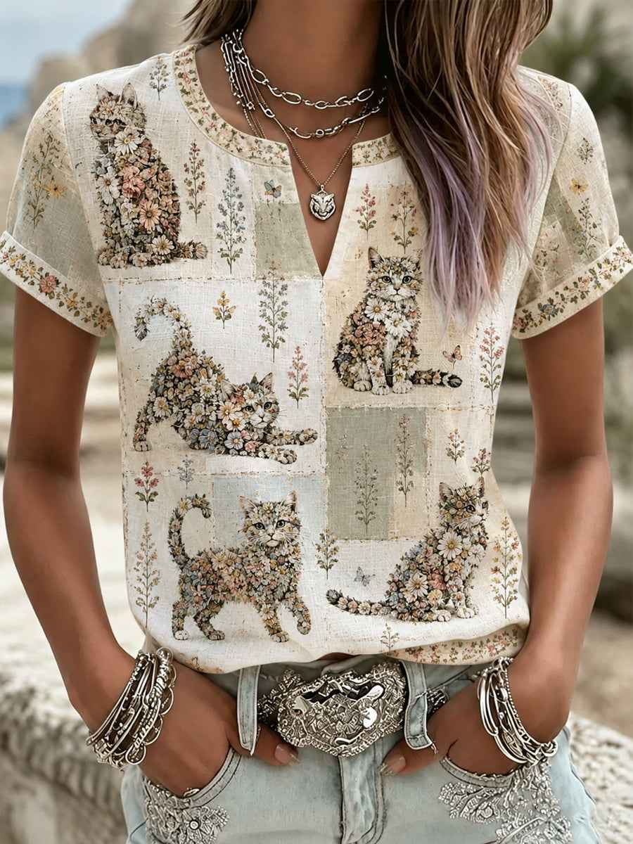 Women's Plants And Flowers Cute Cat Print V-Neck Casual T-Shirt