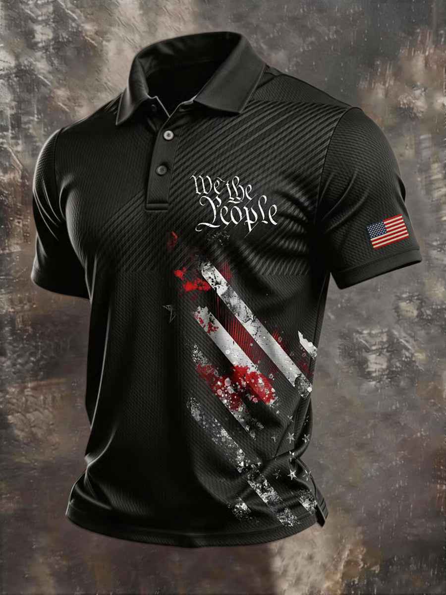 Men's Independence Day USA Flag We The People Print Casual Patriotic Polo
