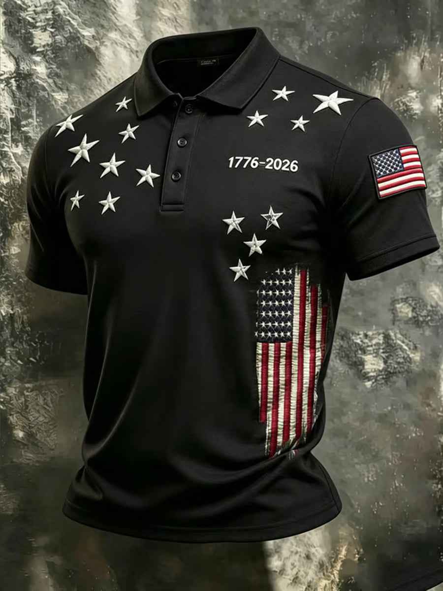 Men's Independence Day USA Flag Jet Print Casual Patriotic Polo