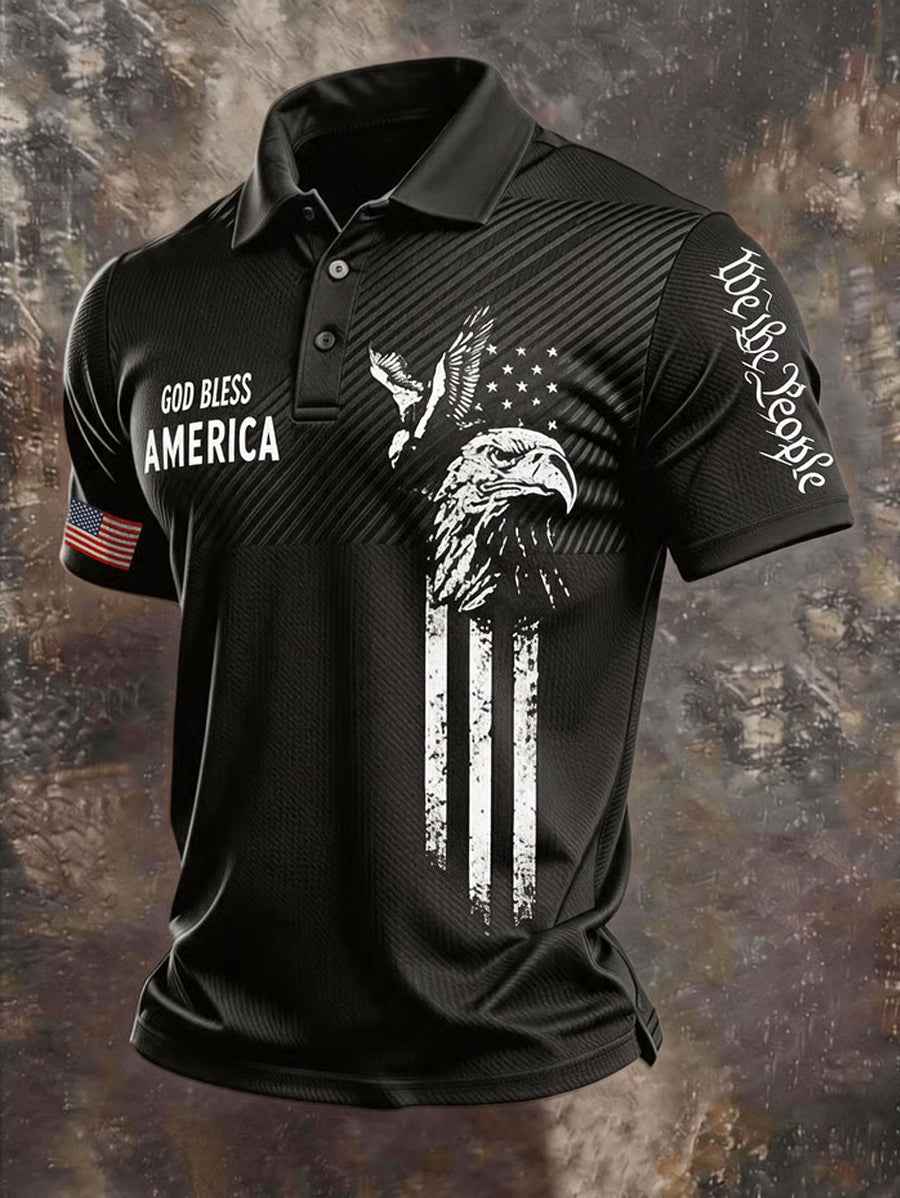 Men's Independence Day USA Flag God Bless America Print Casual Patriotic Polo
