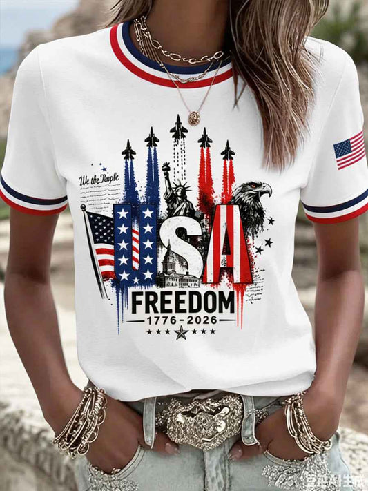Women's Independence Day USA Flag Freedom Jet Print Casual Patriotic Tee