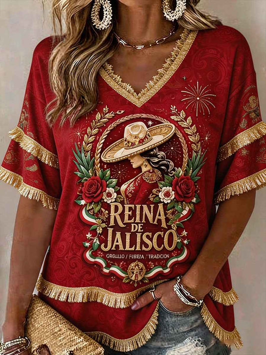 Women's Mexico Charro Pride Jalisco Printed Linen Tops