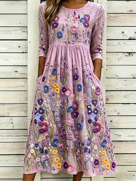 Women's Classy Pansies Art Print Cotton Linen Dress gracestitchs