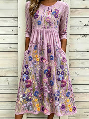 Women's Classy Pansies Art Print Cotton Linen Dress gracestitchs