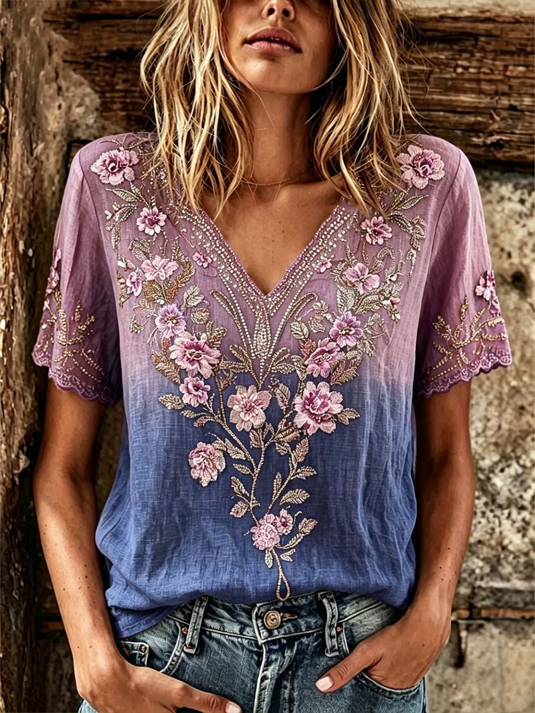 Women's plant and flower pattern printed gradient color casual cotton and linen T-shirt gracestitchs