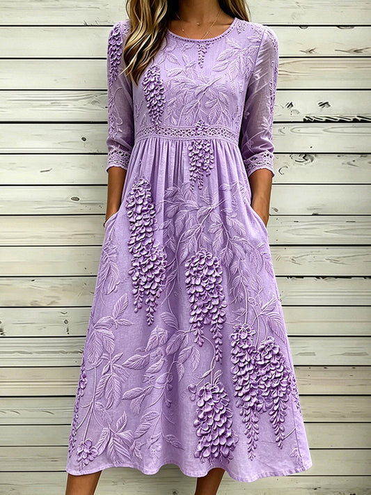 Women's Elegant Purple Wisteria Art Print Cotton Linen Dress