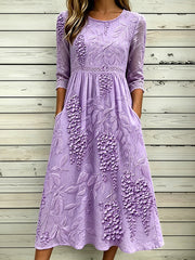 Women's Elegant Purple Wisteria Art Print Cotton Linen Dress