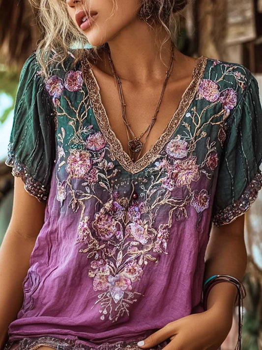 Women's plant and flower pattern printed gradient color casual cotton and linen T-shirt gracestitchs