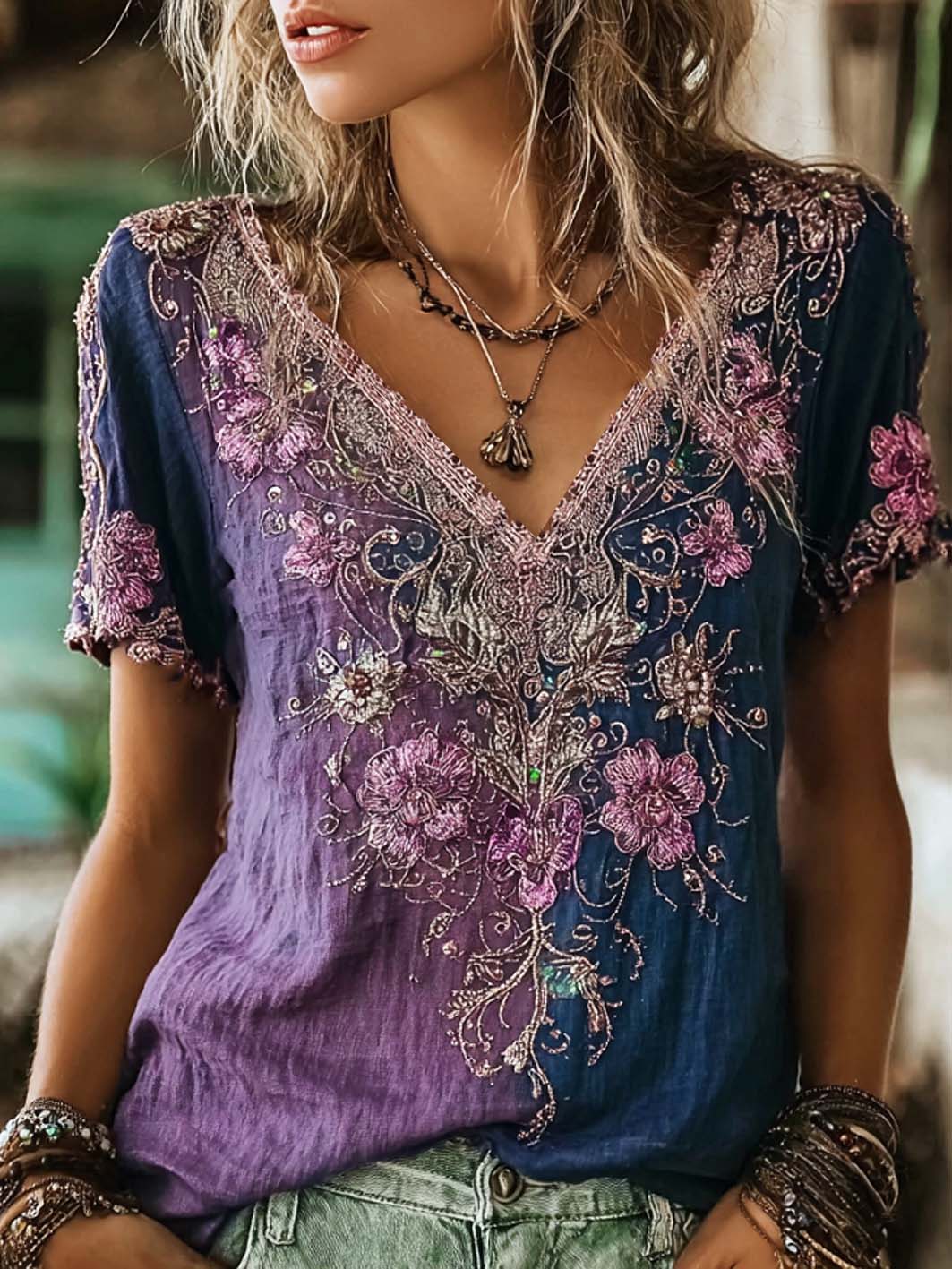 Women's plant and flower pattern printed gradient color casual cotton and linen T-shirt gracestitchs
