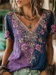 Women's plant and flower pattern printed gradient color casual cotton and linen T-shirt gracestitchs