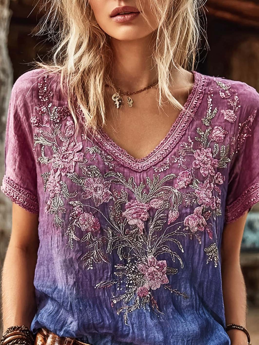 Women's plant and flower pattern printed gradient color casual cotton and linen T-shirt gracestitchs