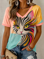 Women's Artistic Cats Print Casual V-Neck Tee gracestitchs