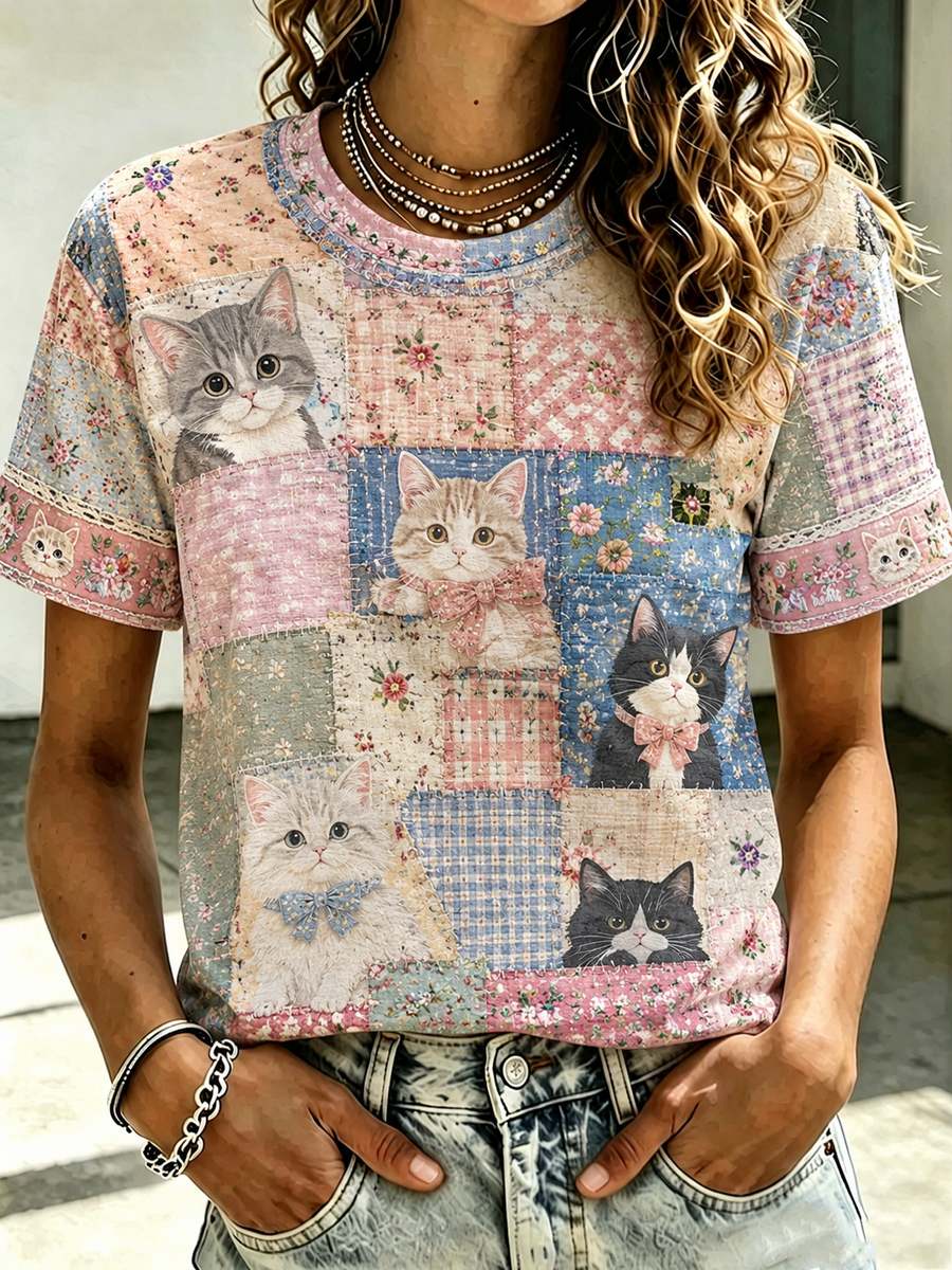 Women's Cat Printed short-sleeved T-shirt gracestitchs