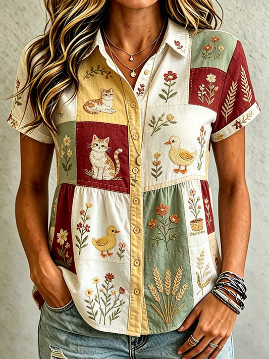 Women's Cute Cat Print Cotton-Linen Shirt gracestitchs
