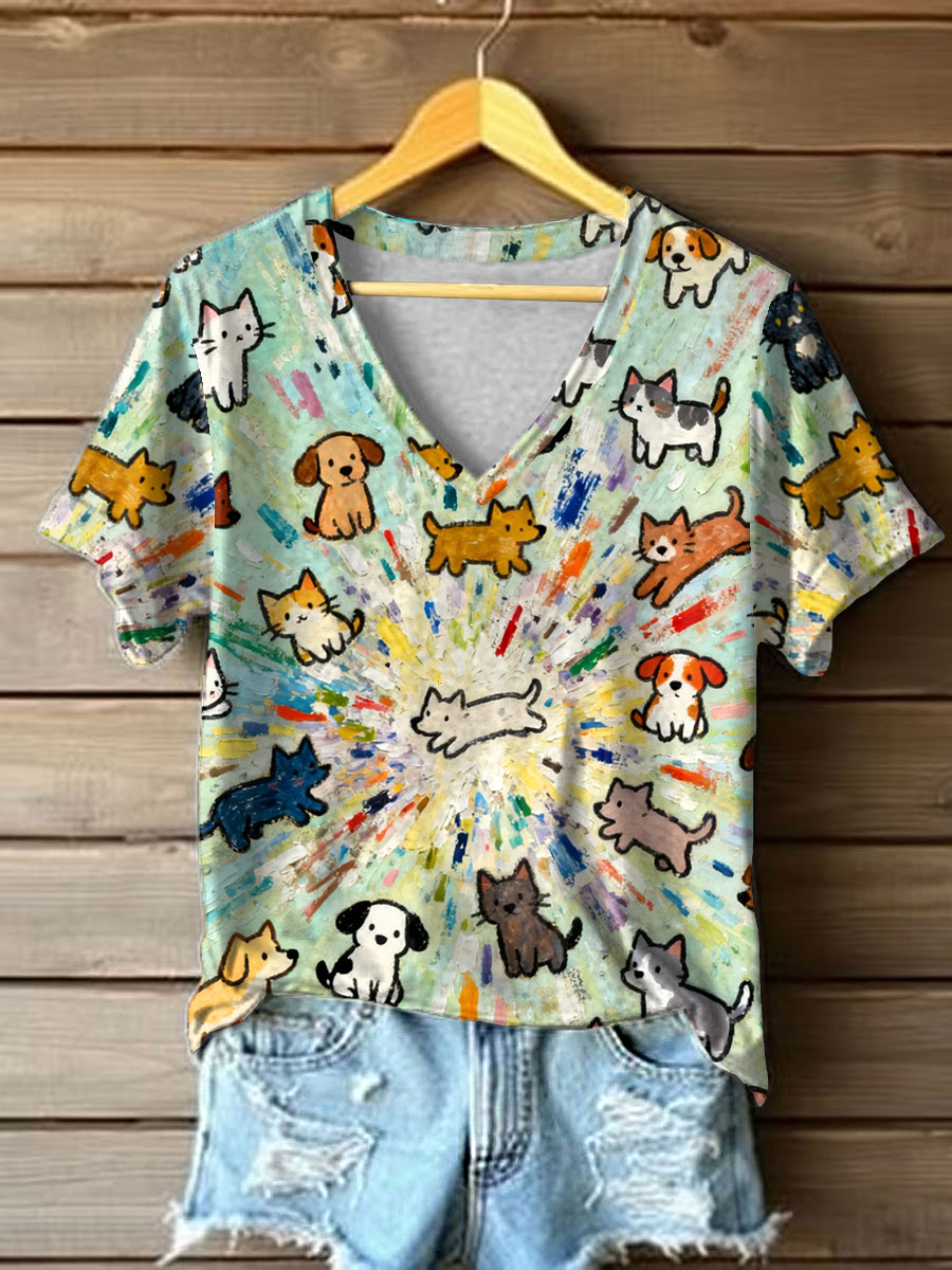 Women's Dog and Cat Art Print Casual T-Shirt gracestitchs