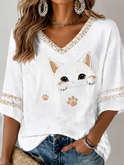 Women's Cat Printed Mid-length Sleeves V-Neck T-Shirt gracestitchs