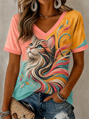 Women's Artistic Cats Print Casual V-Neck Tee gracestitchs