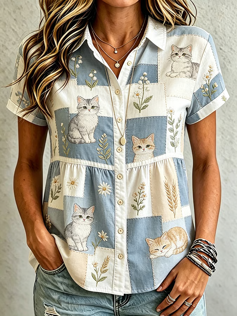 Women's Cute Cat Print Cotton-Linen Shirt gracestitchs