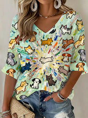 Women's Dog and Cat Art Print Casual T-Shirt gracestitchs