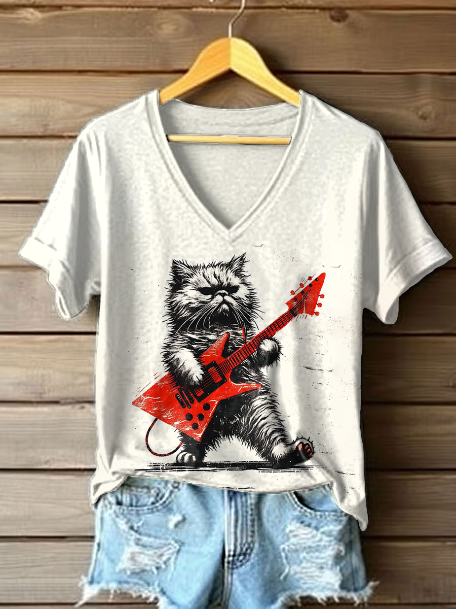 Women's Rock Cat Printed Casual T-Shirt gracestitchs