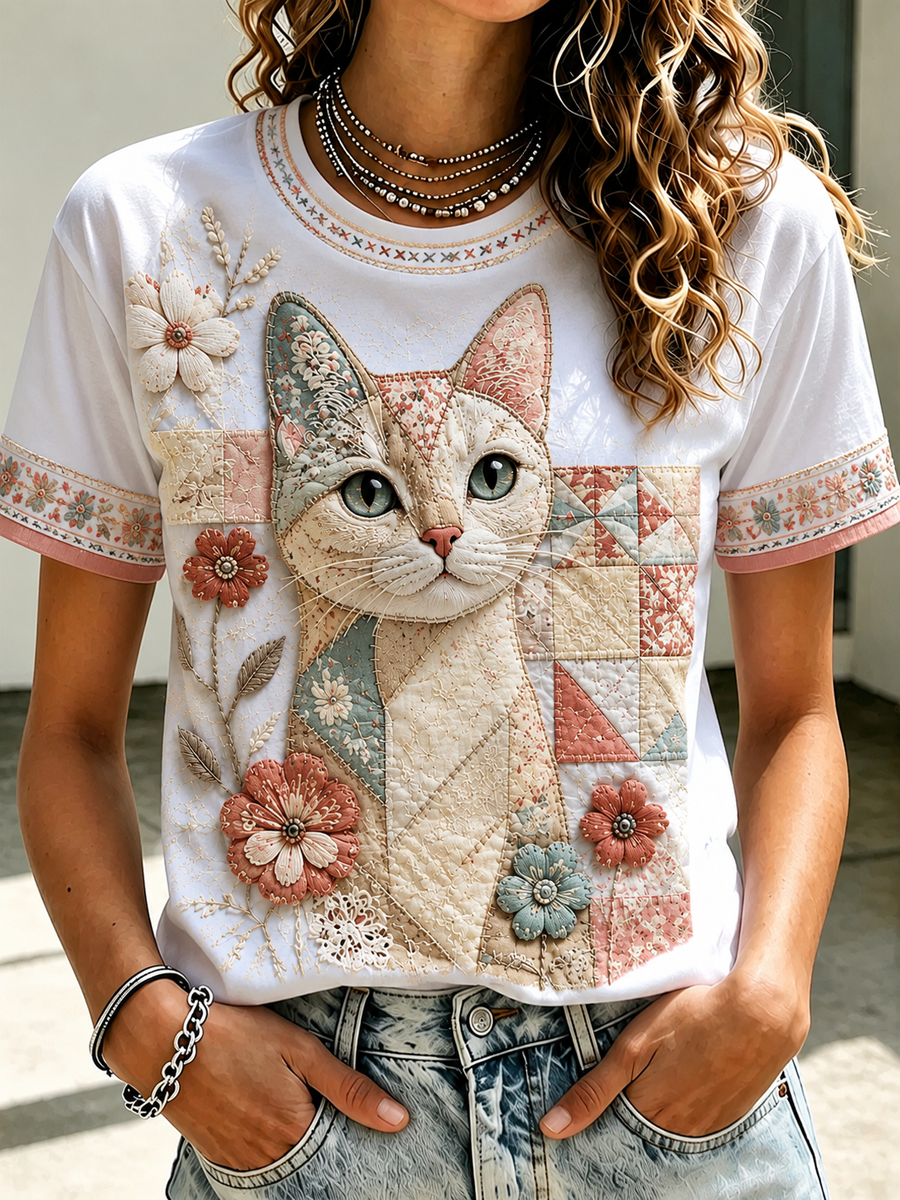 Women's Cat Printed short-sleeved T-shirt gracestitchs