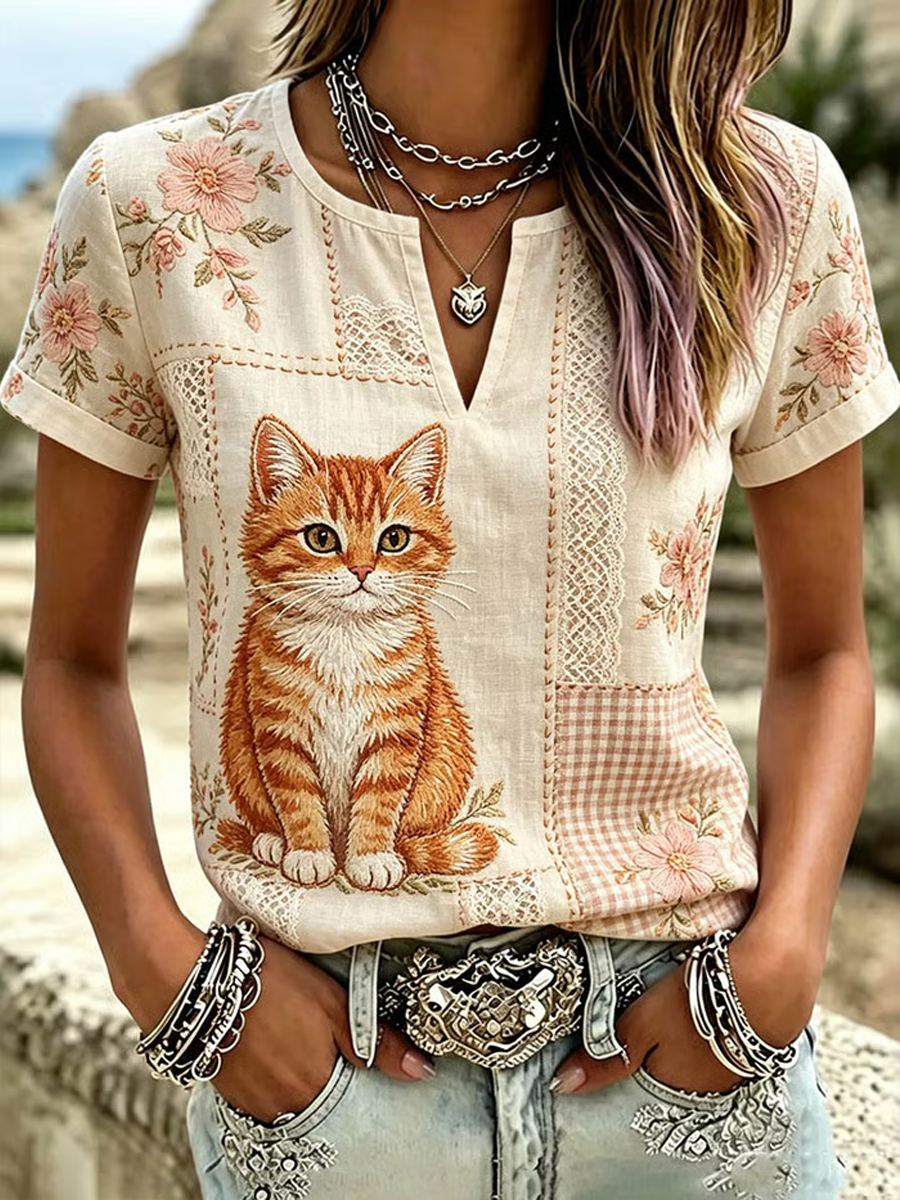 Women's Cute Cat Print Cotton-Linen Shirt gracestitchs