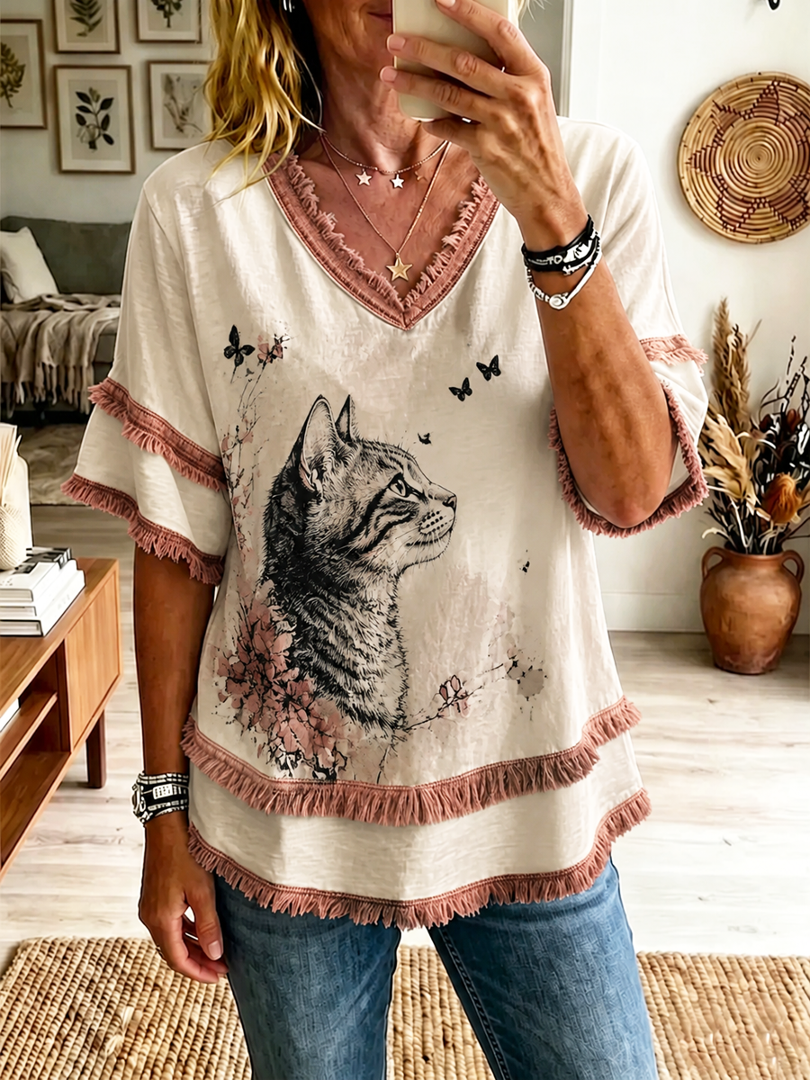 Women's Cat Printed Cotton-Linen Shirt gracestitchs