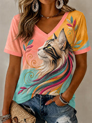 Women's Artistic Cats Print Casual V-Neck Tee gracestitchs