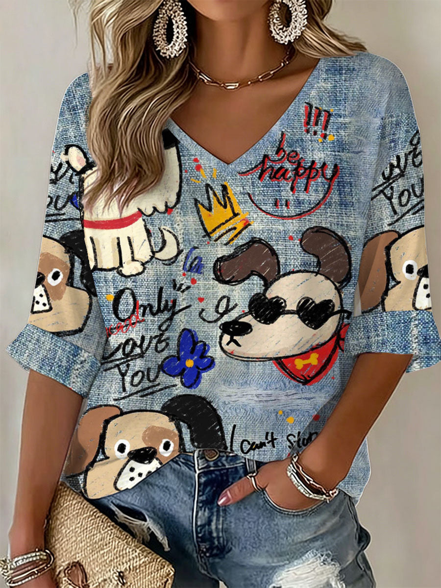Women's Dog Art Print Casual T-Shirt gracestitchs