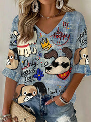 Women's Dog Art Print Casual T-Shirt gracestitchs