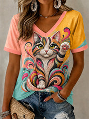 Women's Artistic Cats Print Casual V-Neck Tee gracestitchs