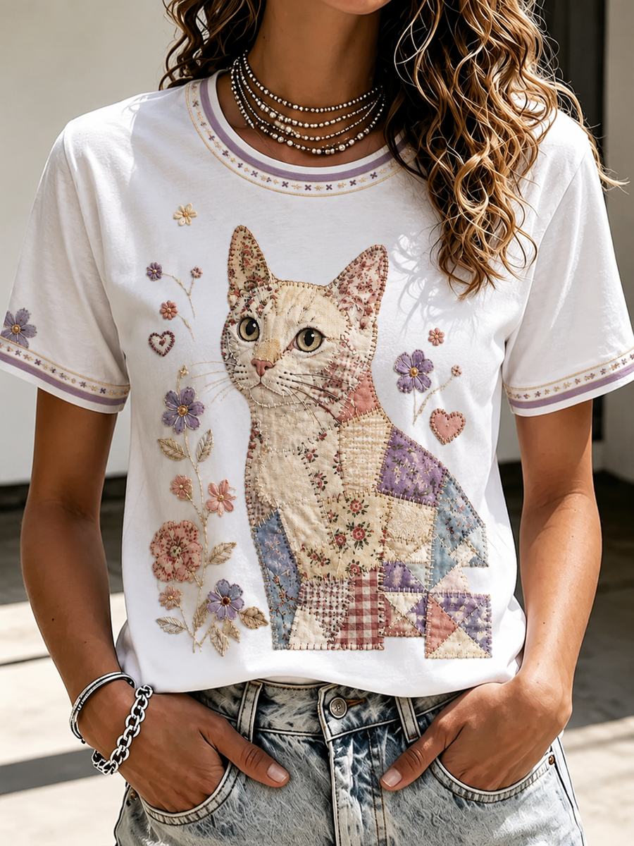 Women's Cat Printed short-sleeved T-shirt gracestitchs