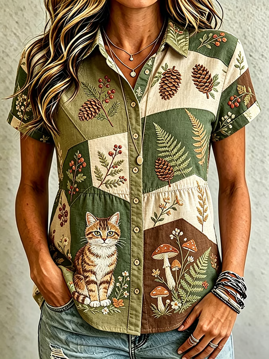 Women's Cute Cat Print Cotton-Linen Shirt gracestitchs