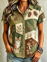 Women's Cute Cat Print Cotton-Linen Shirt gracestitchs