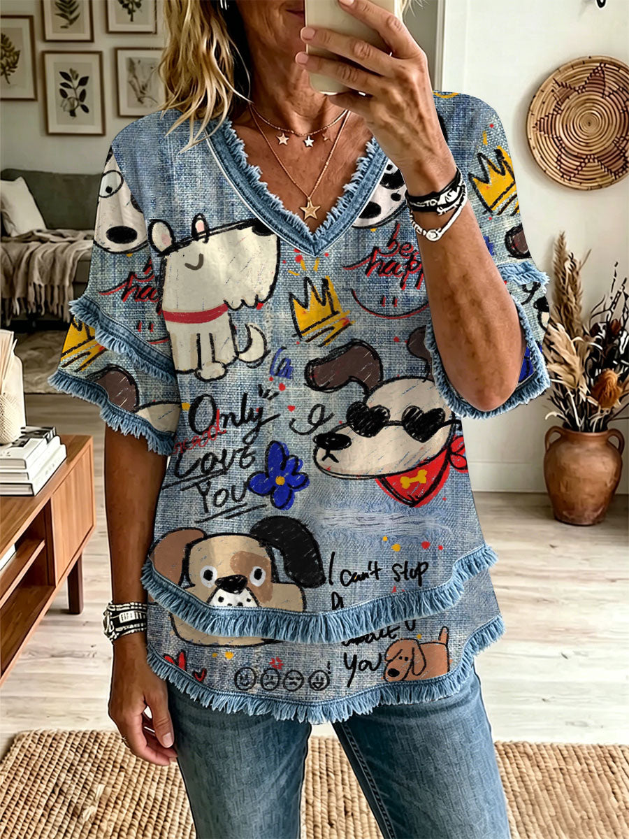 Women's Dog Art Print Casual T-Shirt gracestitchs