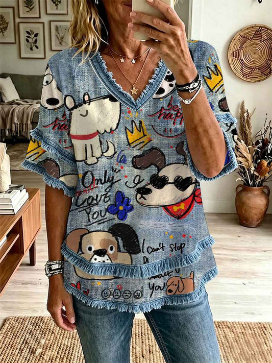 Women's Dog Art Print Casual T-Shirt