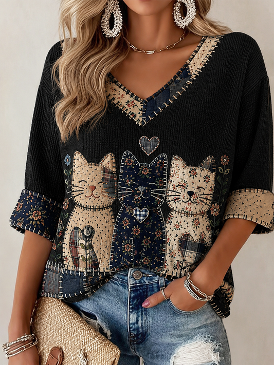 Women's Cat Printed Mid-length Sleeves V-Neck T-Shirt gracestitchs
