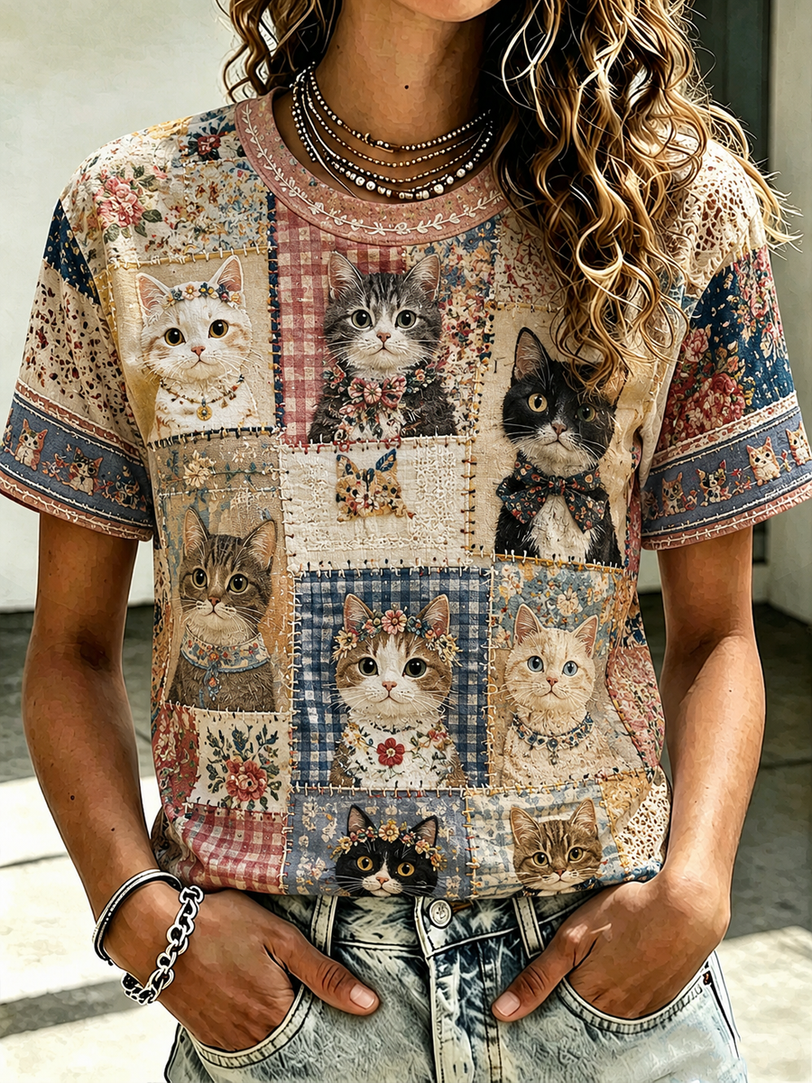 Women's Cat Printed short-sleeved T-shirt gracestitchs